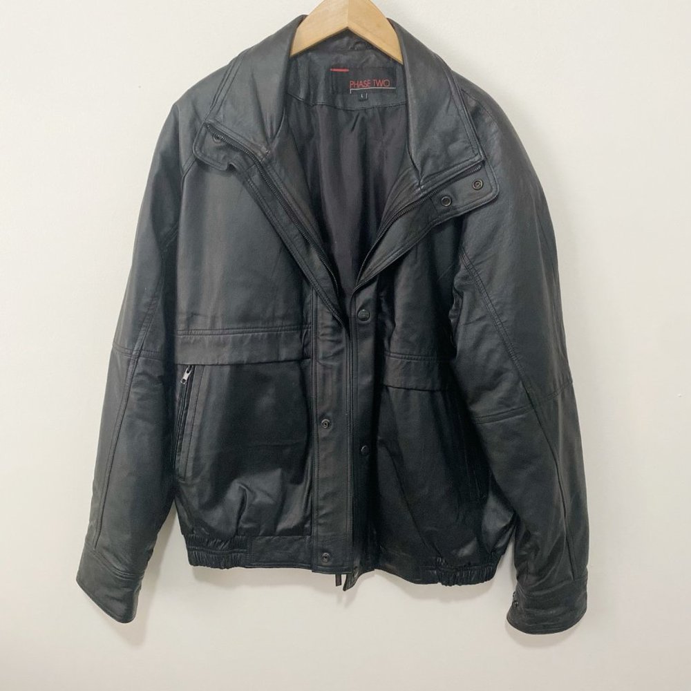 Vintage Phase 2 Black Leather Bomber Jacket Men's Large
